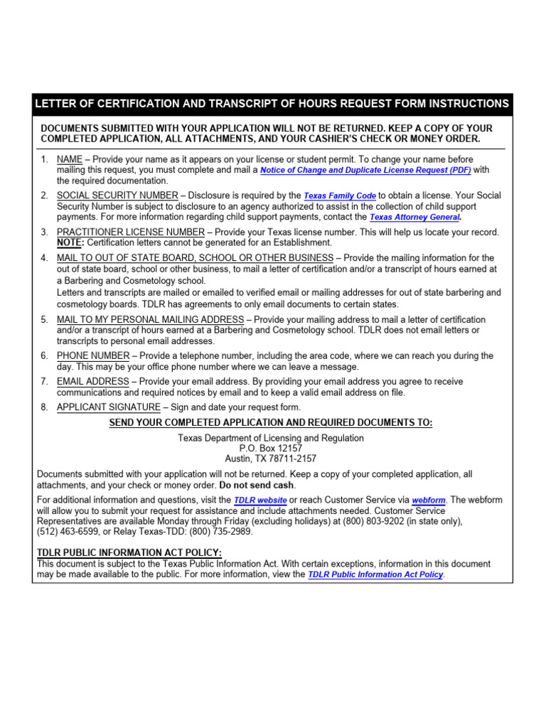 Letter of Certificate and Transcript of Hours Request Form BAC LIC 016 ...