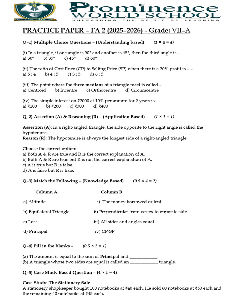 Practice Paper-g7 Fa2 | PDF | Triangle | Angle