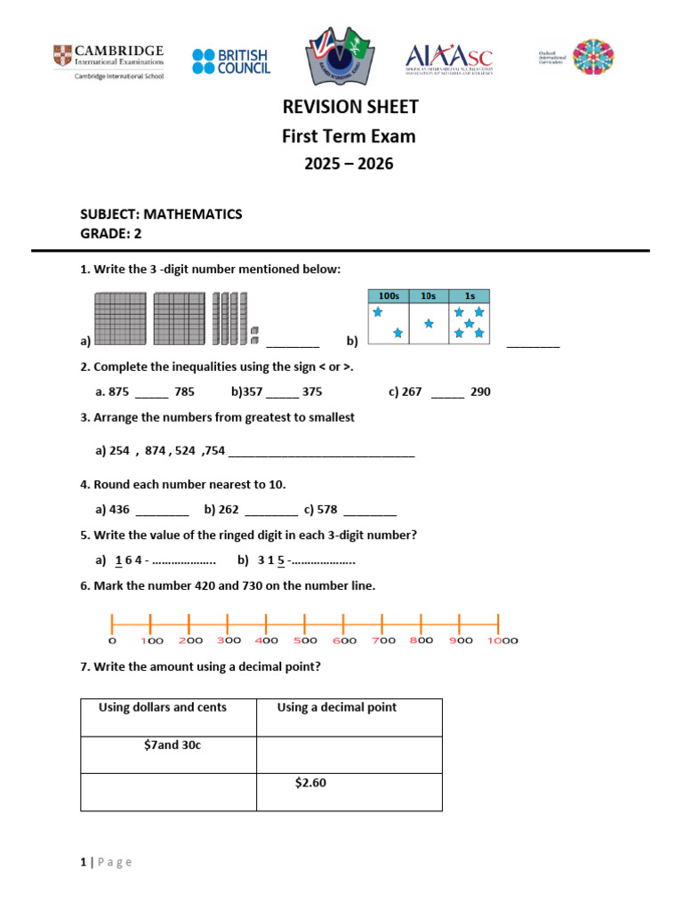 Grade 2 Maths Revision Sheet Term 1 | PDF | Area | Mathematics