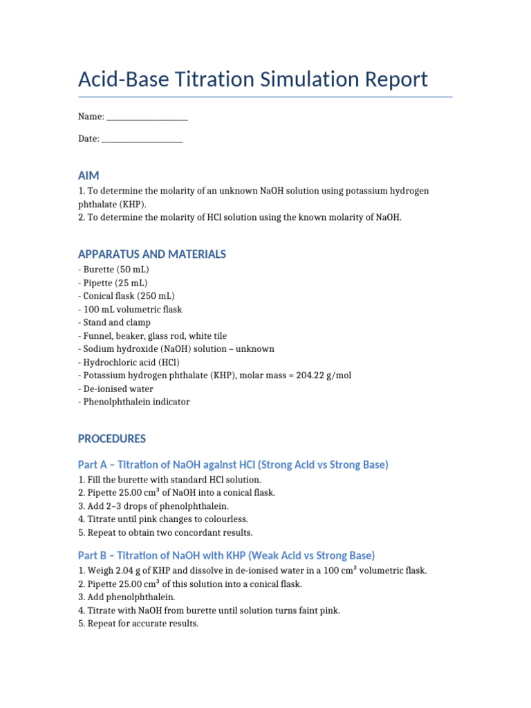 Acid Base Titration Report | PDF