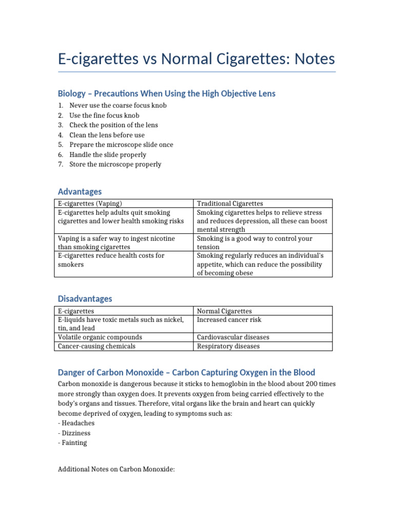 E-cigarettes vs Normal Cigarettes Notes Updated | PDF