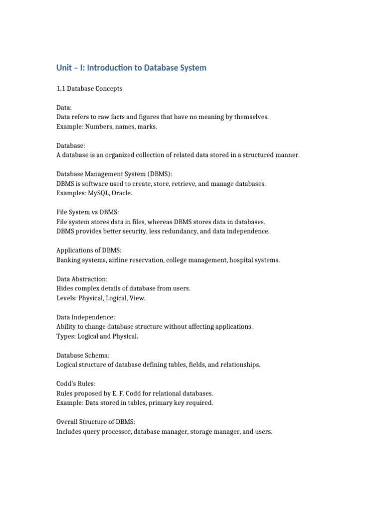 Unit I Introduction To Database System | PDF
