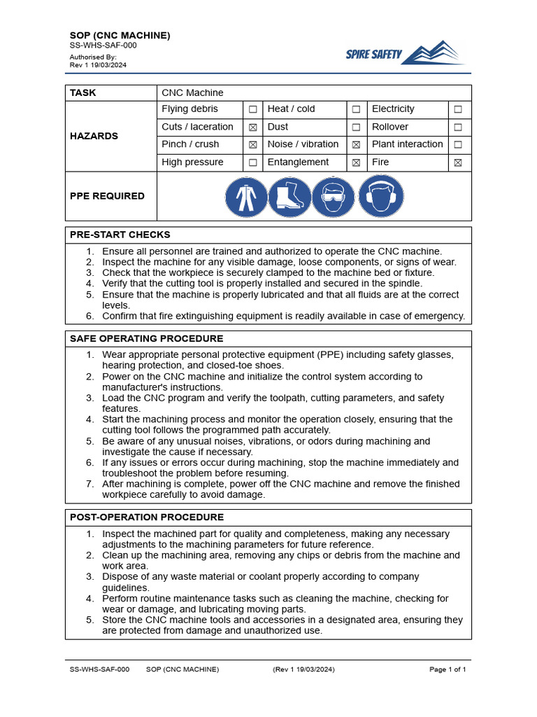SS WHS SAF 000 Safe Operating Procedure CNC Machine | PDF | Machining ...