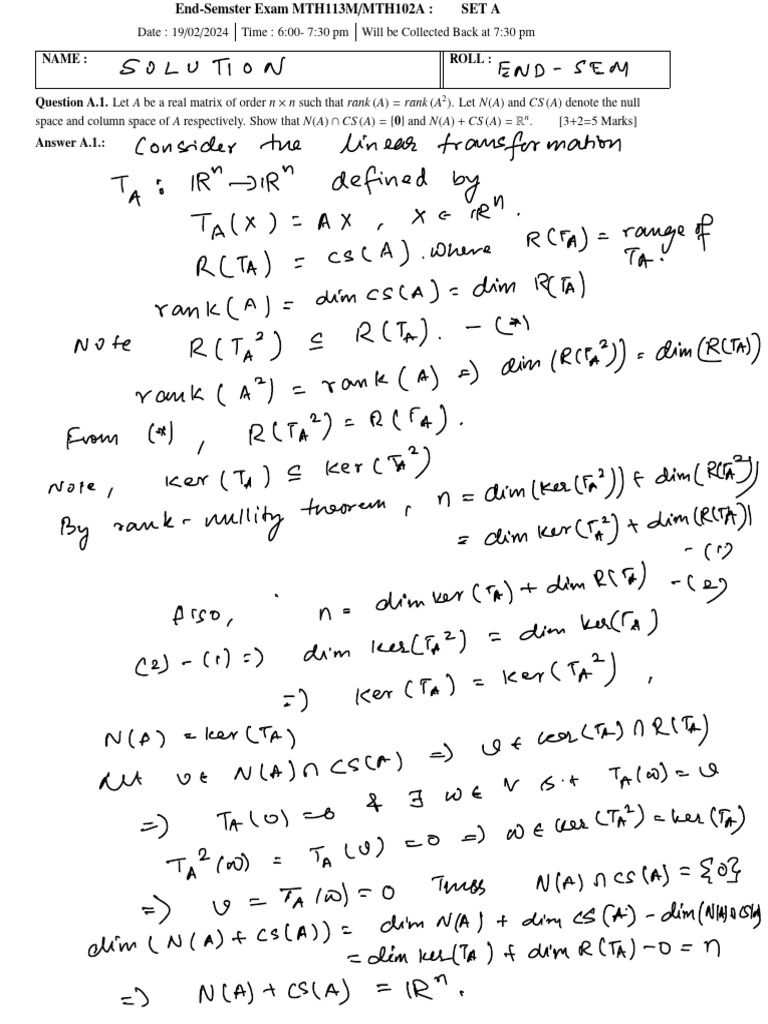 MTH113M End Sem Set a Solution(2023 24) | PDF | Matrix Theory ...