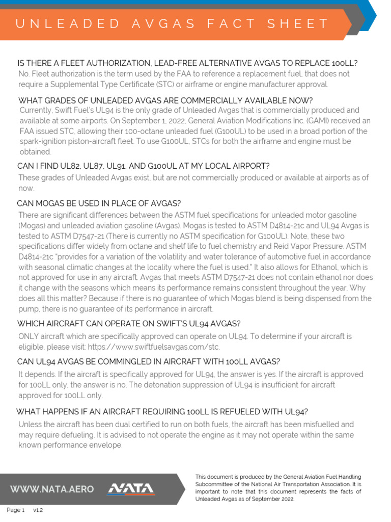 Unleaded Avgas Fact Sheet | PDF | Fuels | Chemical Energy Sources