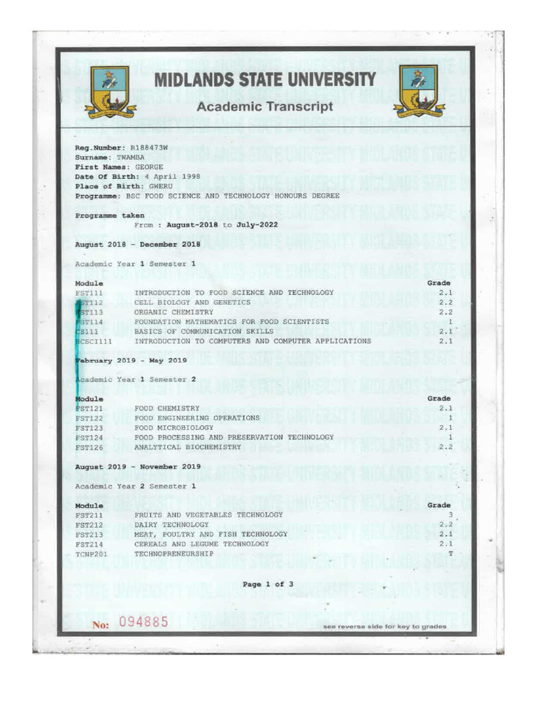 George Twamba Bachelor's Degree Transcript | PDF