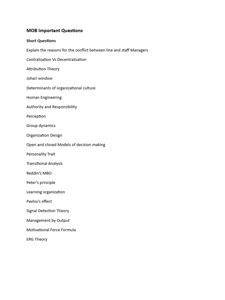 MOB Important Questions | PDF