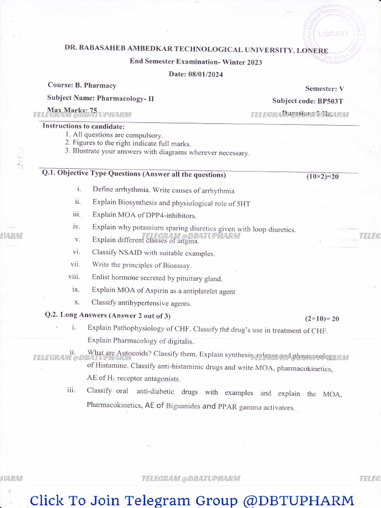 Cology 5 Th Sem Dbatu Last 4 Question Paper | PDF | Pharmacology | Hormone