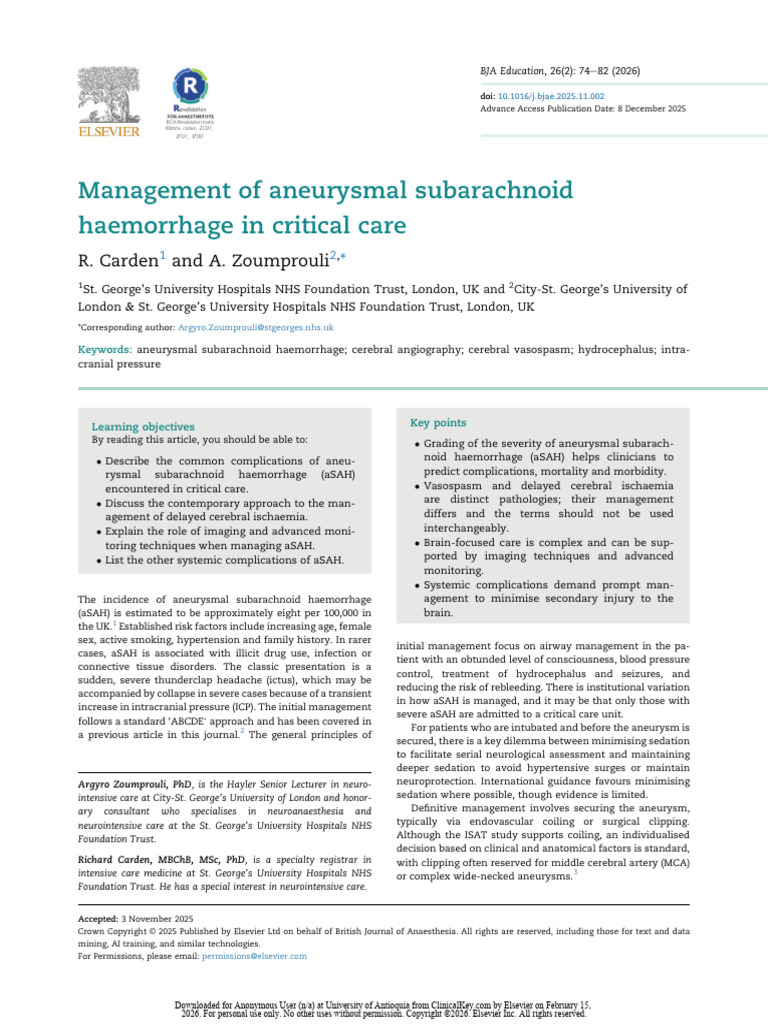 2026 - Management of Aneurysmal Subarachnoid Haemorrhage in Critical ...