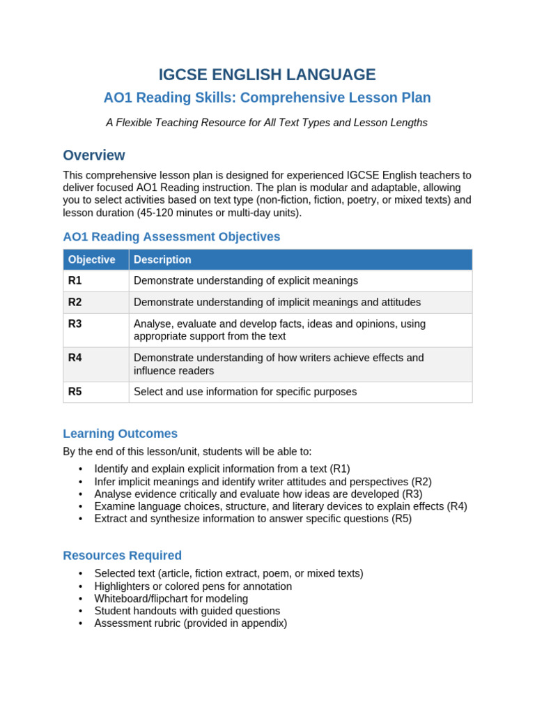 IGCSE English AO1 Reading Lesson Plan | PDF | Lesson Plan | Annotation