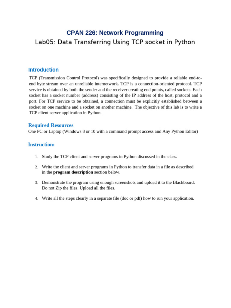 CPAN226Lab05 TCPFileTransfer | PDF | Transmission Control Protocol ...