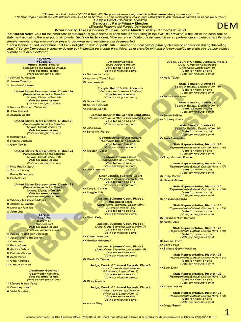 General Sample Primary Ballot Democratic Party | PDF | Costo de la vida ...