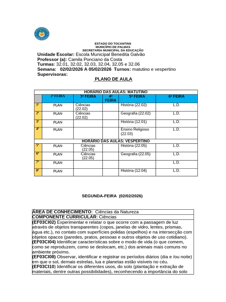 Plano de Aula Primeira Semana 02-02 A 05-02-2015 | PDF | Science ...