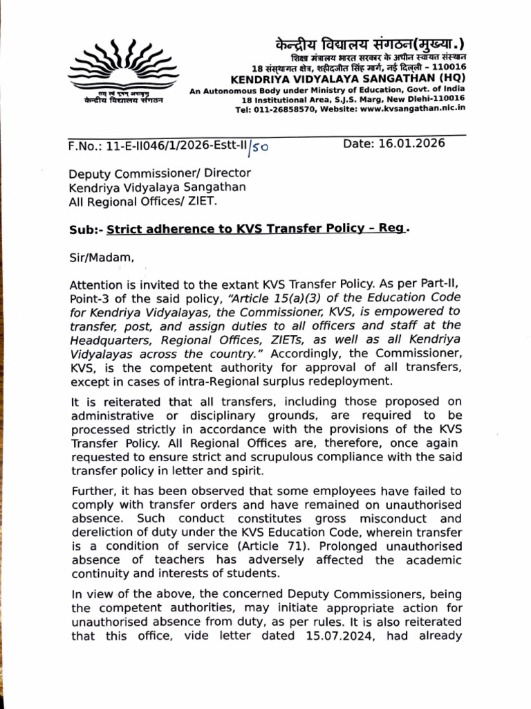 Strict Adherence To KVS Transfer Policy-Reg | PDF