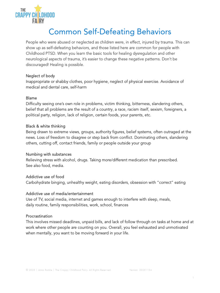 Self Defeating Behaviors | PDF | Psychological Trauma | Human Diseases ...