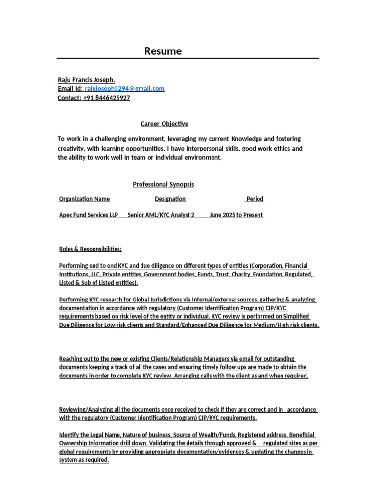 Raju Apex CV | PDF | Financial Regulation | Business
