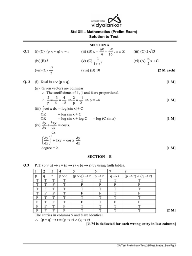 XII Prelim Maths Soln I | PDF