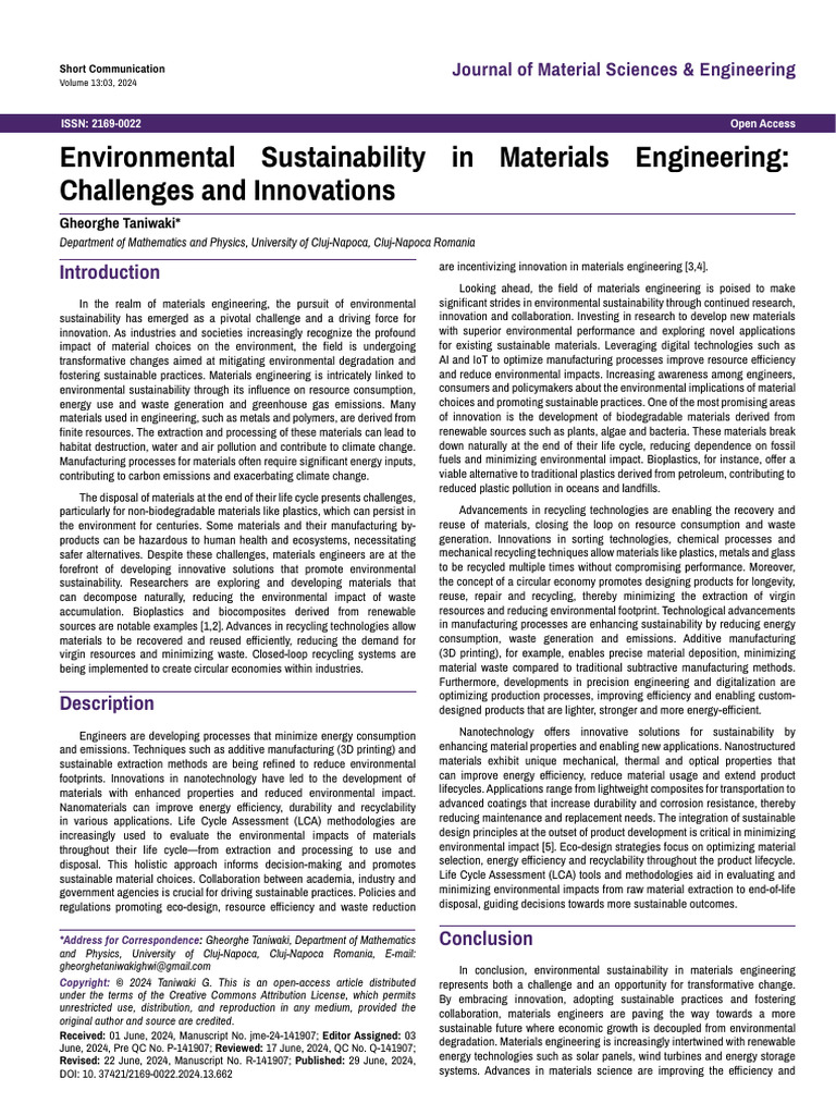 Environmental Sustainability in Materials Engineering Challenges and ...