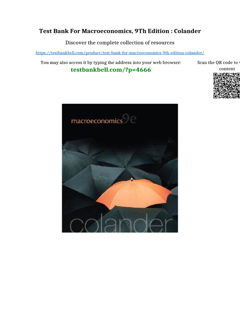 Test Bank for Macroeconomics, 9th Edition : Colander Kindle & PDF ...