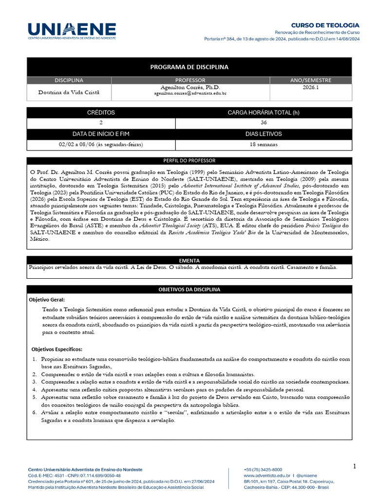 DVC Prog. Da Disciplina 2026.1 | PDF | Doutrina | Teologia