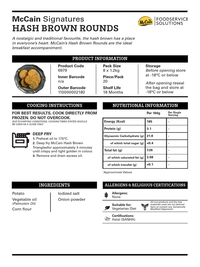Mccain Product Information Potato Speciality Hash Brown Rounds | PDF ...