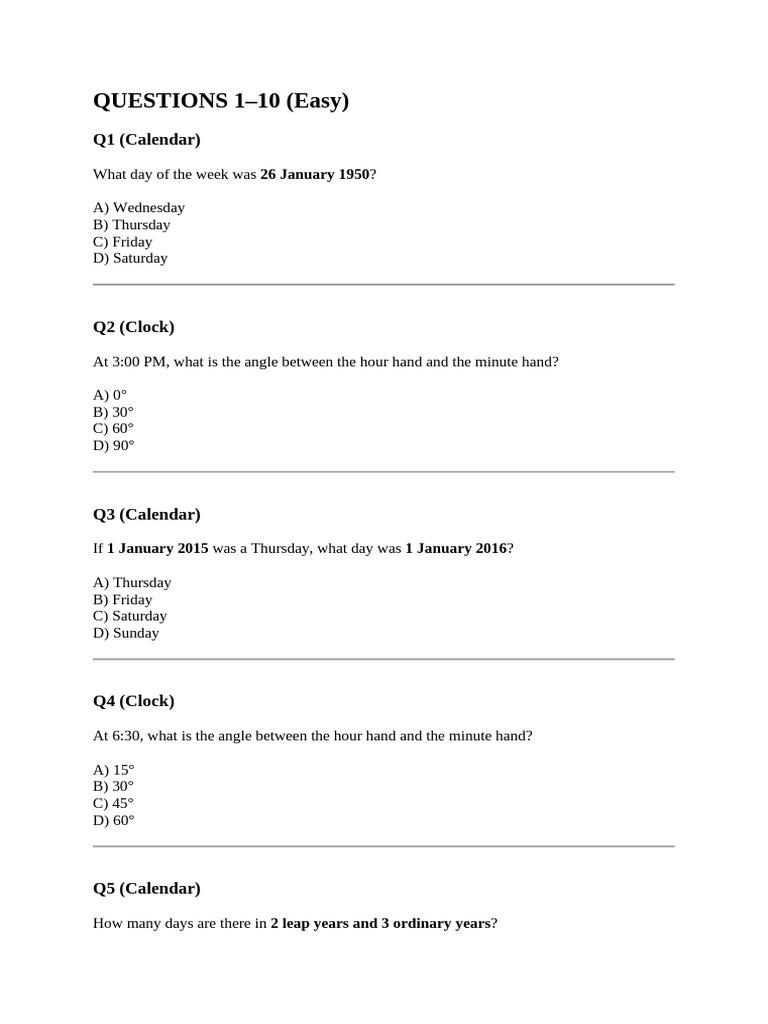 Clock & Calendar Combined Practice Sheet Answer Keys | PDF