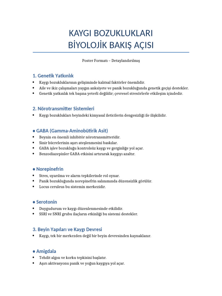 Kaygi Bozukluklari Biyolojik Bakis Acisi Detayli Poster | PDF