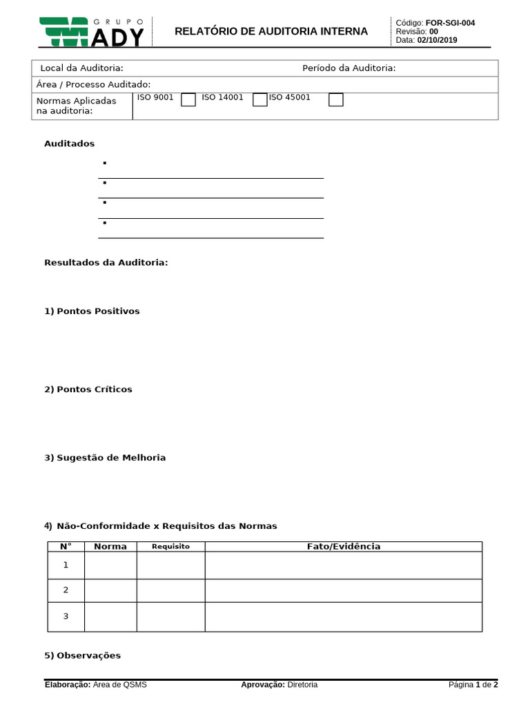 For-SGI-004 - Relatório de Auditoria Interna - 00 | PDF