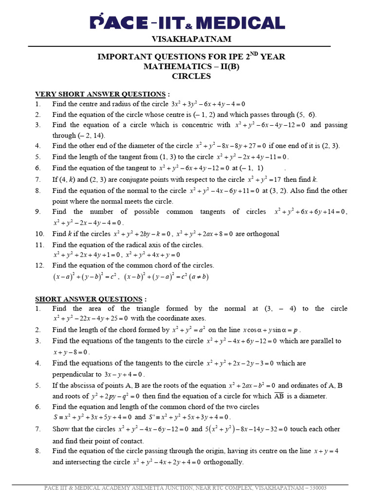 Senior Math-II(B)_Important Questions | PDF | Ellipse | Circle