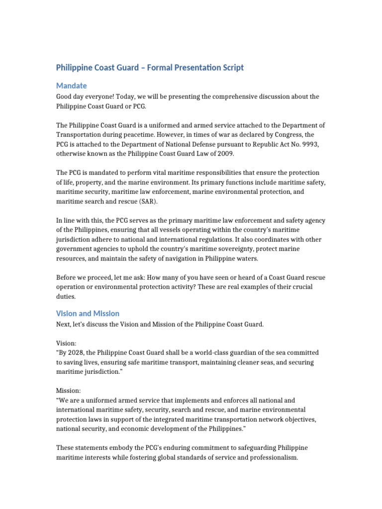 PCG Presenters Handout Script | PDF | Coast Guard | United States Coast ...