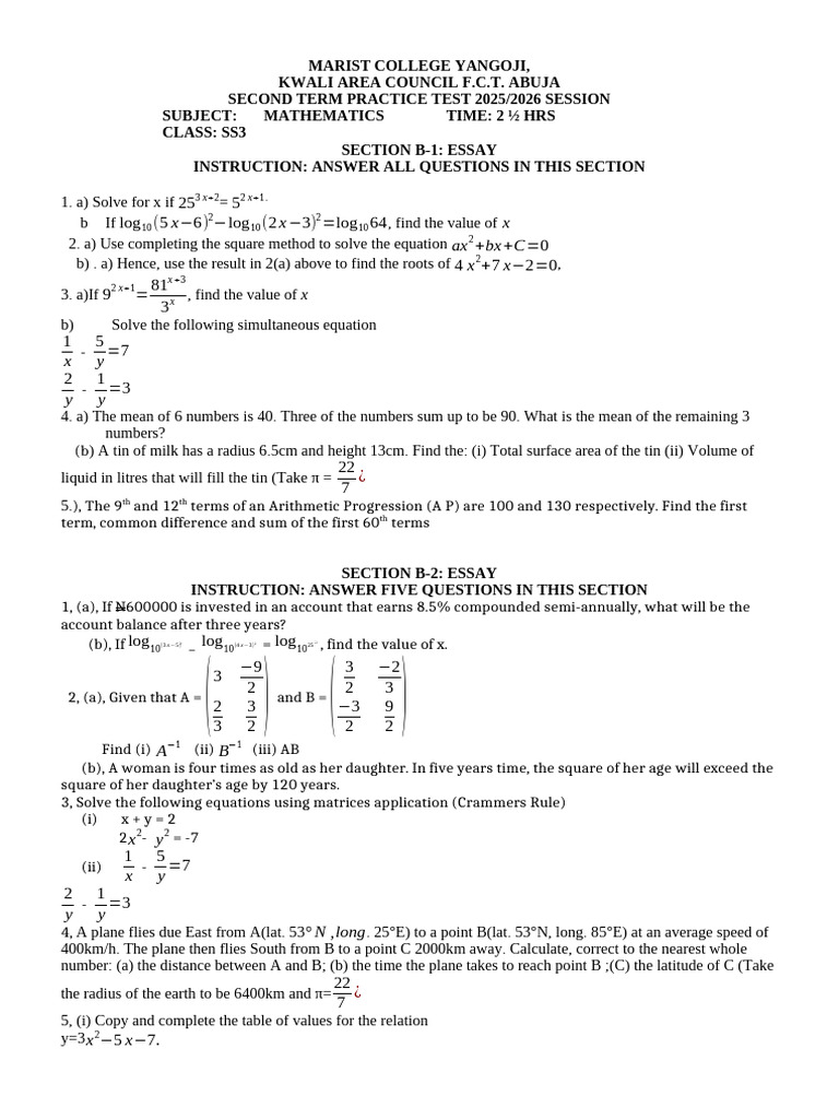 MATHS 2nd Practice Test-2026 | PDF | Interest | Latitude