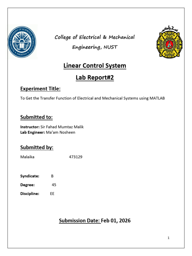 LCS Lab Report#02Malaika | PDF | Electronic Engineering | Mathematical ...