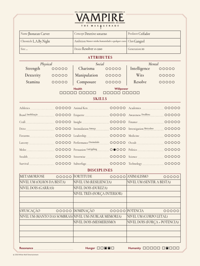 Vampire 5thedition Original 2-Page Color Interactive | PDF