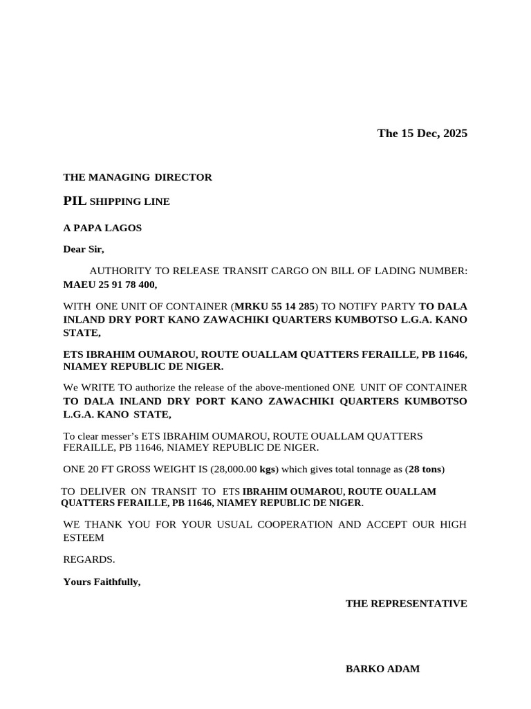 Letter Dala Dry Port Pil Shipping Line | PDF