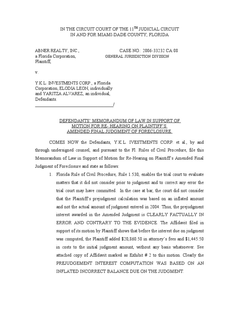 Memo Law Motion for Rehearing11 Federal Rules Of Civil Procedure