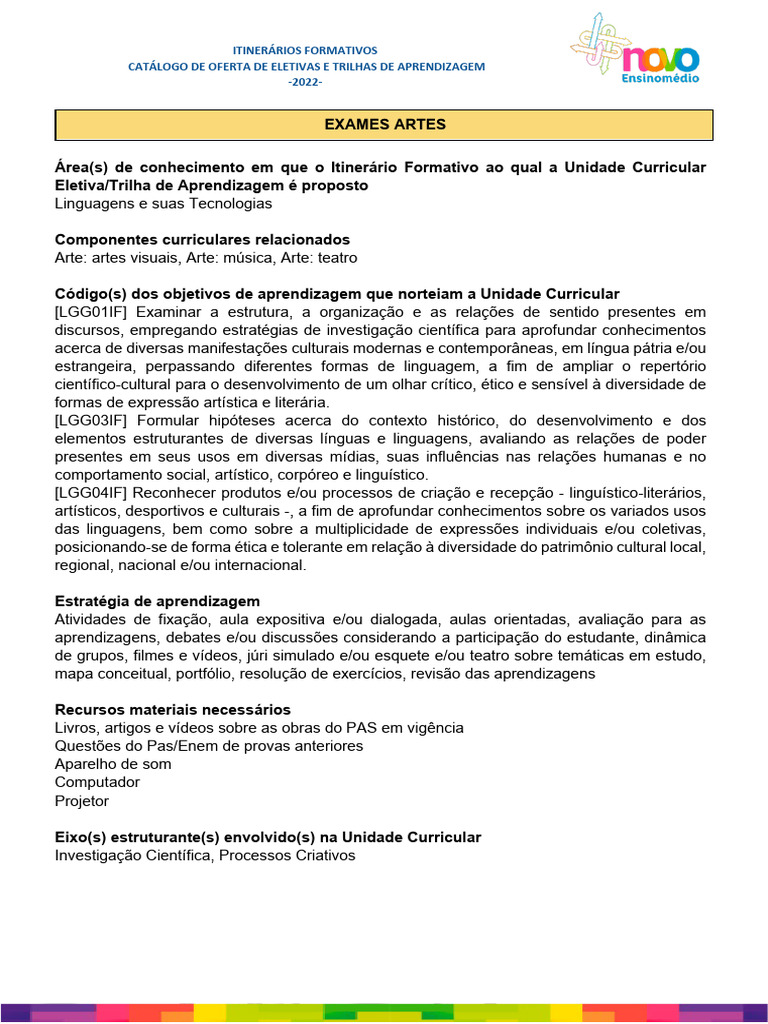 Disciplina Artes Ensino Medio | PDF | Aprendizado