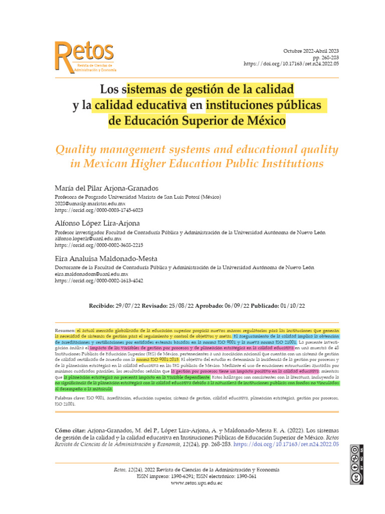 Los Sistemas de Gestión de La Calidad y La Calidad Educativa en ...