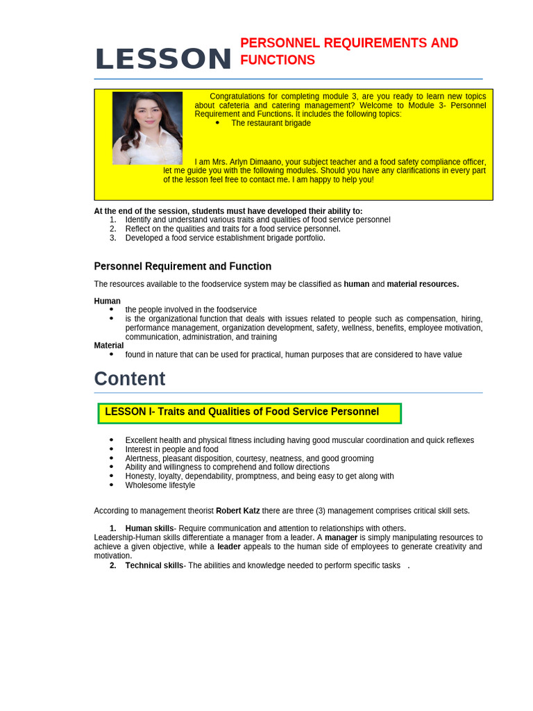 Lesson 3 Personnel Requirement and Function | PDF | Waiting Staff ...