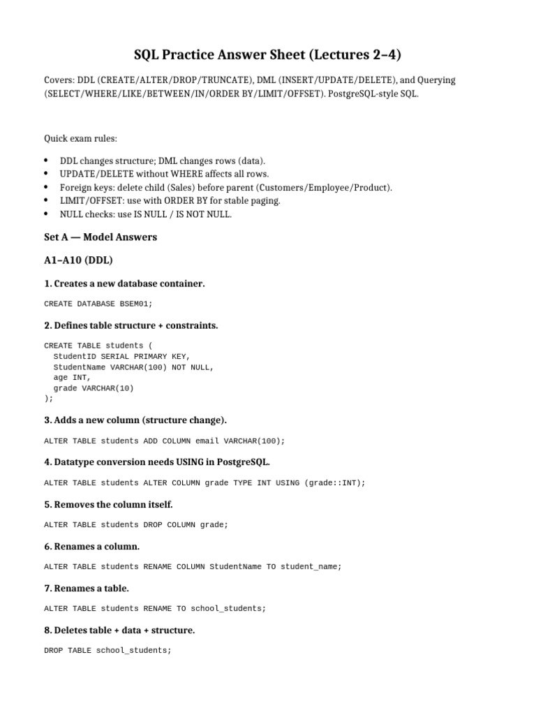SQL Practice Answer Sheet Lec2-4 | PDF