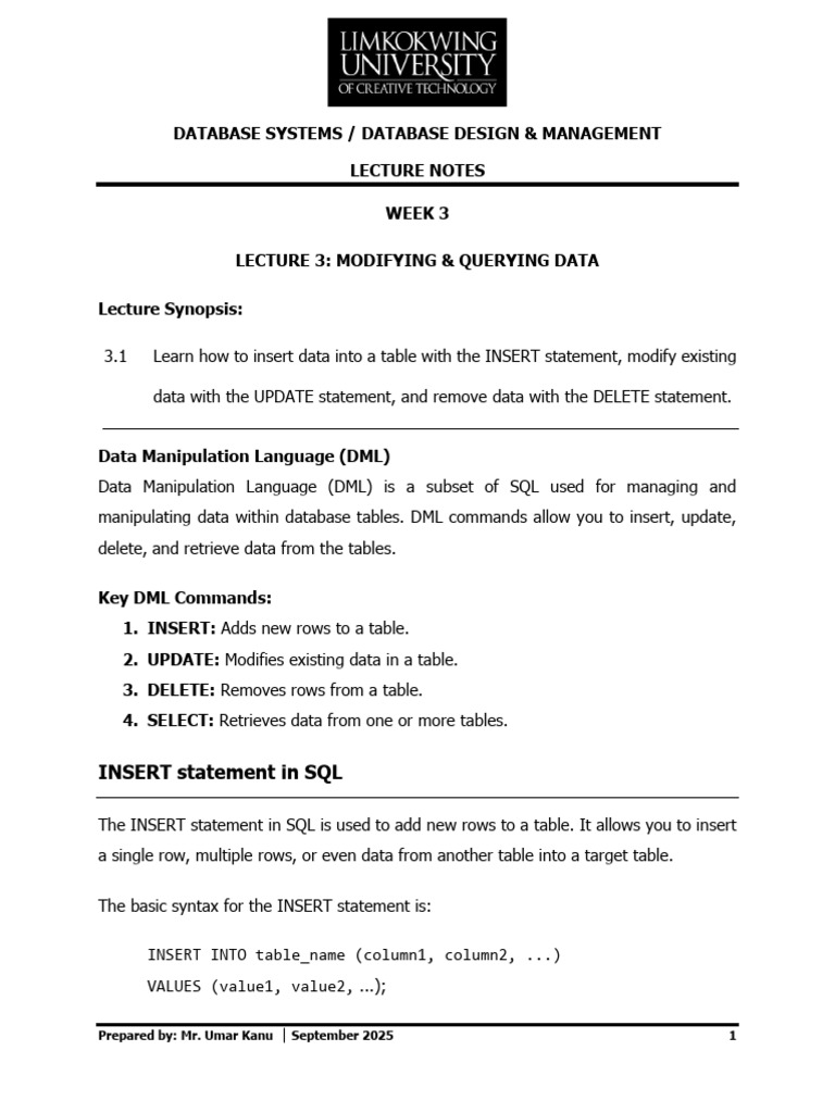 Lecture 3 - Database Sem 3 | PDF | Sql | Table (Database)