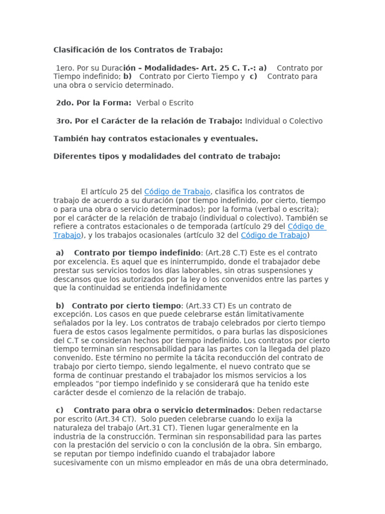 Clasificación de Los Contratos de Trabajo | PDF | Derecho laboral ...