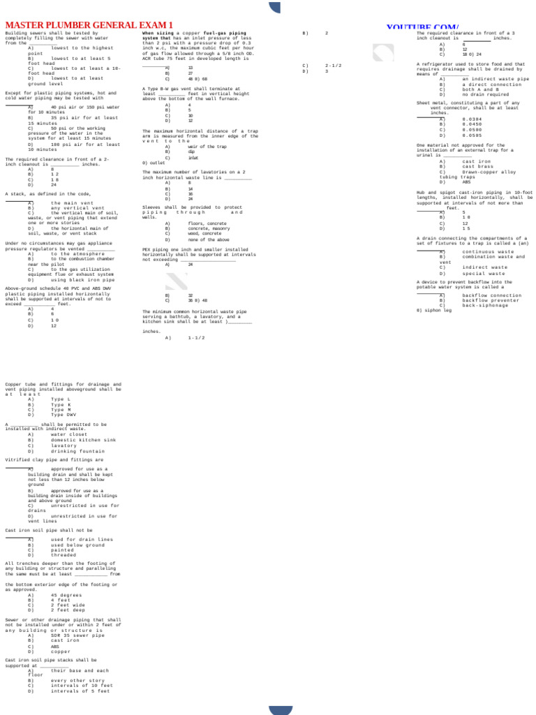 Master Plumber General Exam 1-3 | PDF | Plumbing | Hydraulic Engineering