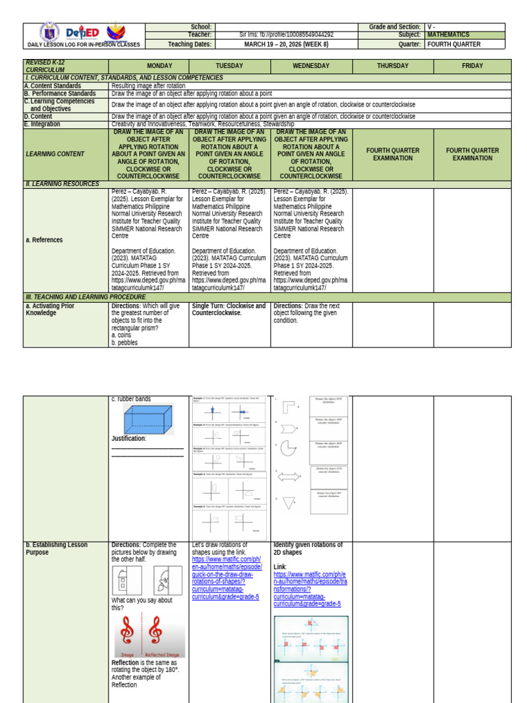 g5q4w8 DLL Mathematics (Revised K-12) @sir Ims | PDF | Rotation | Teachers