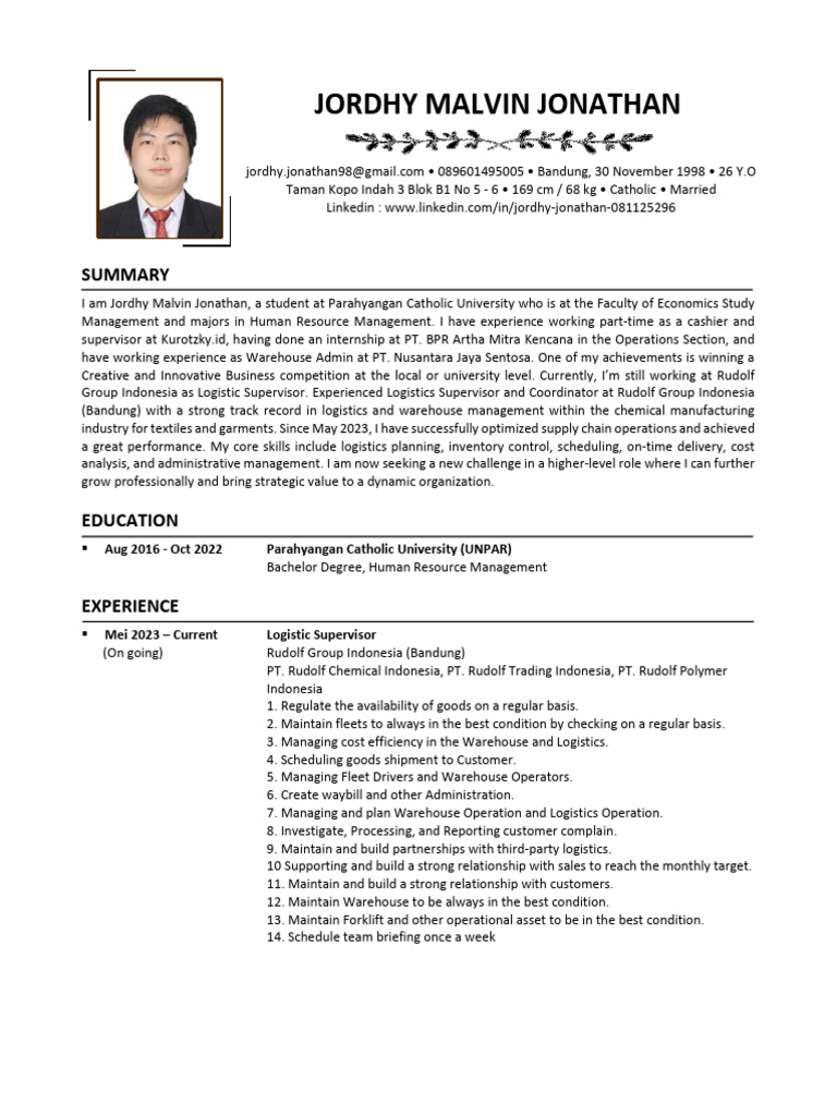 Jordhy Malvin Jonathan - CV | PDF | Logistics | Warehouse