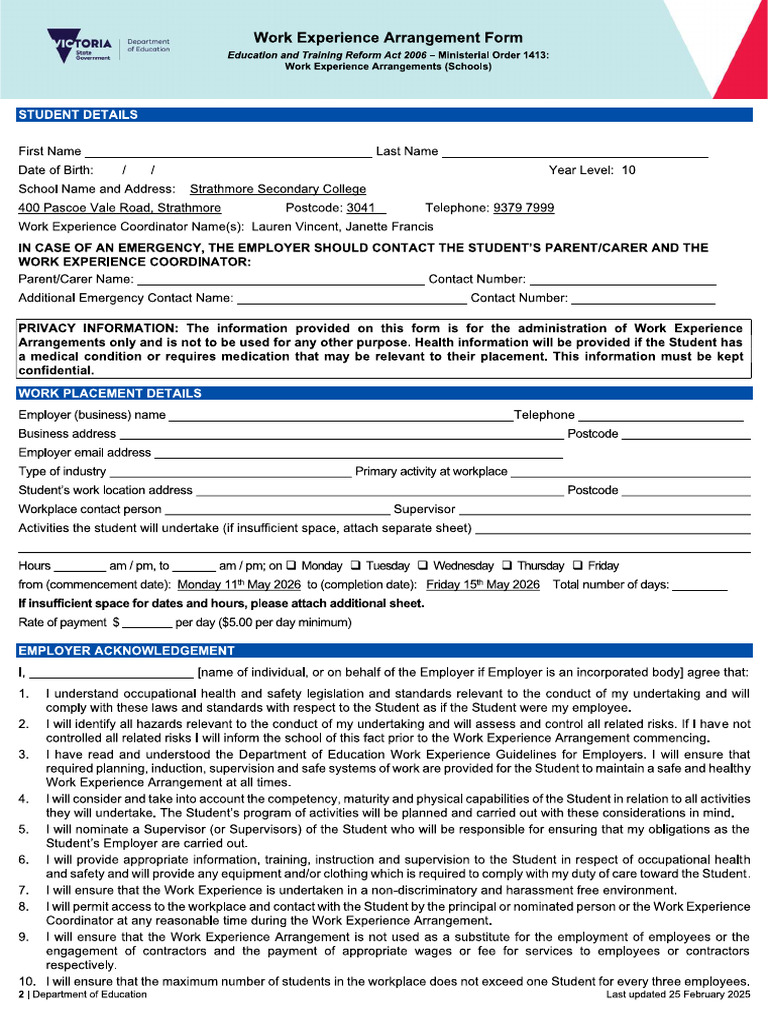Work Experience Arrangement Form 2026 | PDF