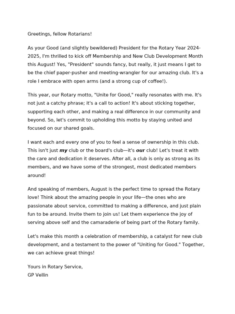 Rotary Message for August | PDF