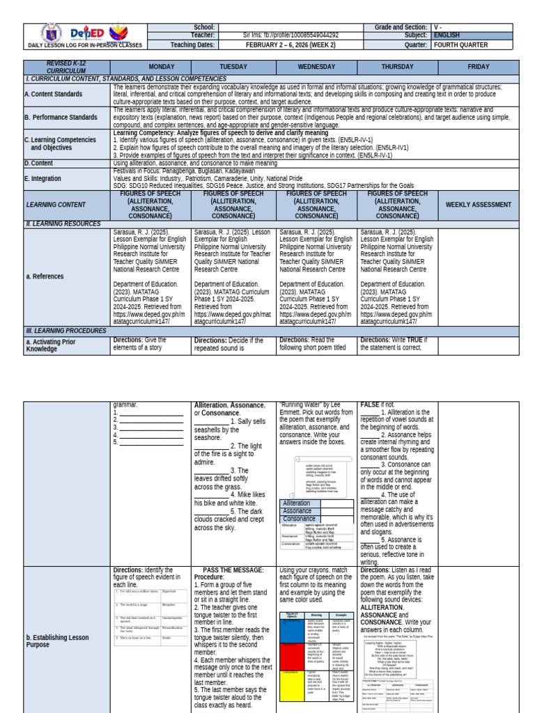 g5q4w2 DLL English (Revised K-12) @sir Ims | PDF | Poetry | Rhyme