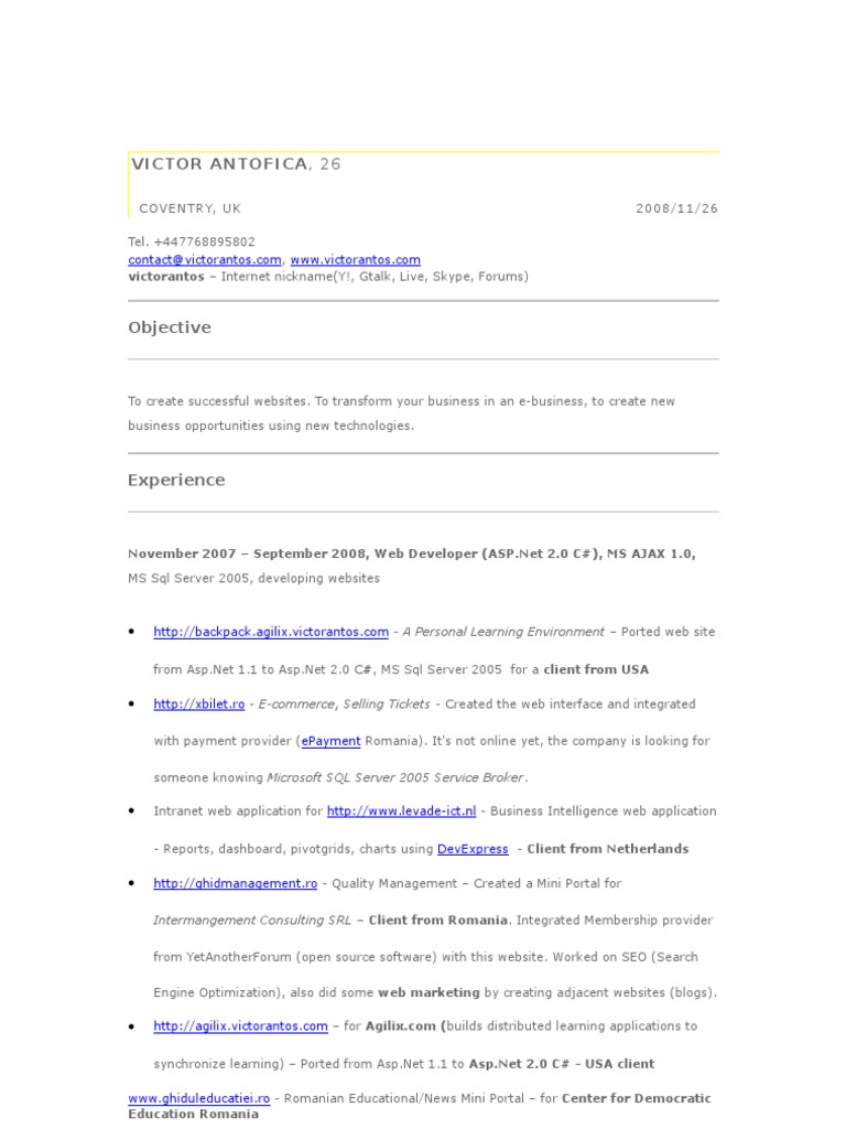 Resume Asp Net 2 0 Csharp Ajax Sql Server 2005 November 2008 Images, Photos, Reviews