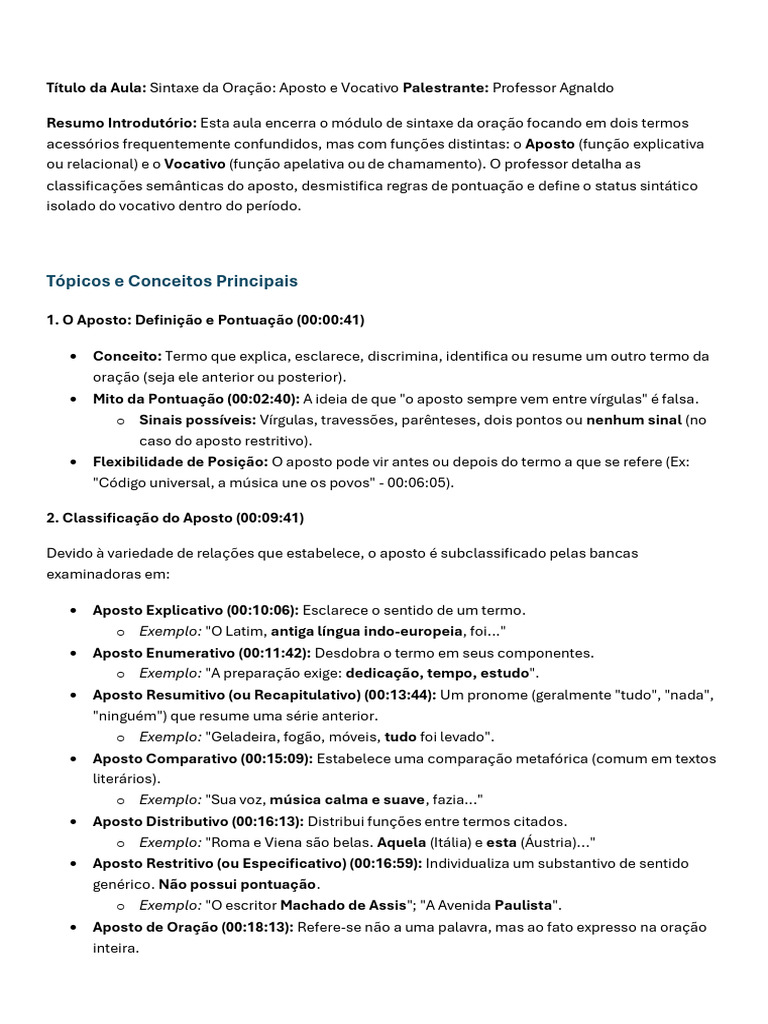 Sintaxe Da Oração Aposto e Vocativo | PDF | Assunto (gramática) | Gramática