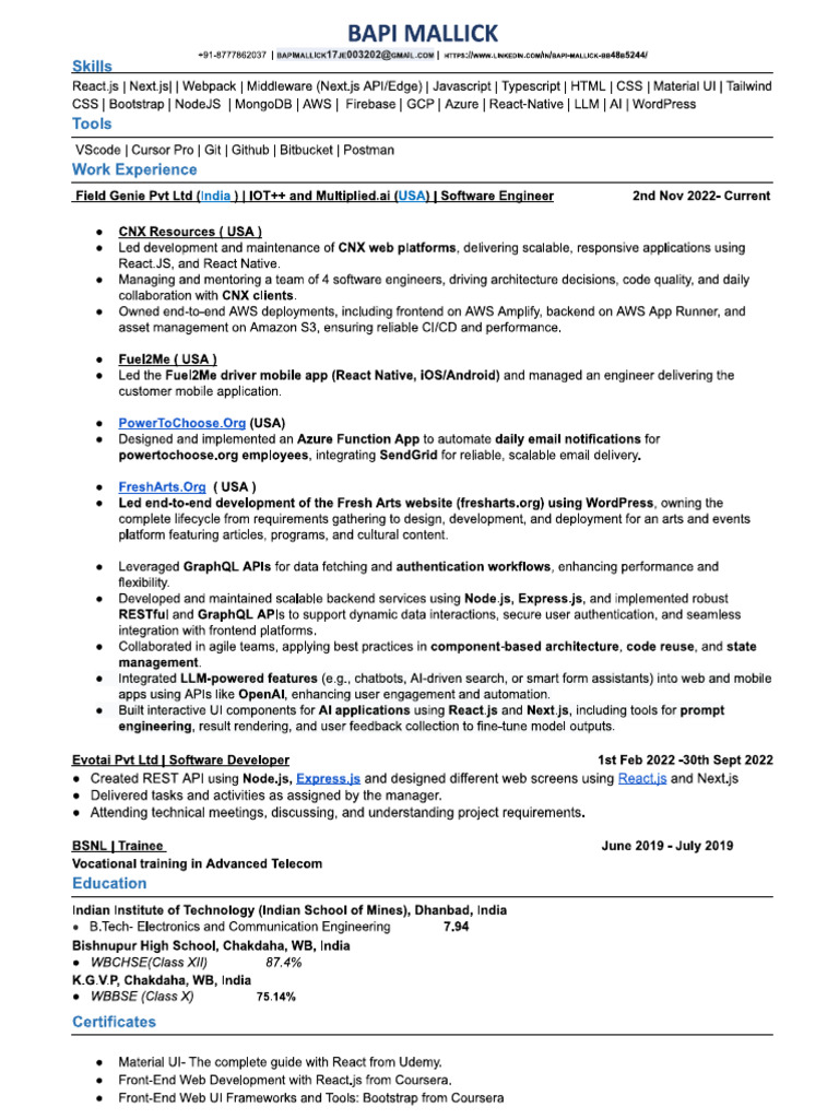 Bapi Mallick Resume 2026 | PDF